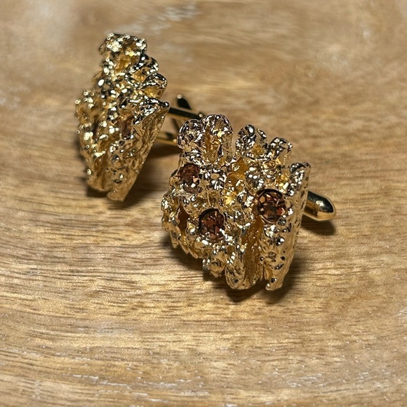 Vintage Swank Nugget & Rhinestone Gold Tone Cufflinks. - Picture 3 of 10